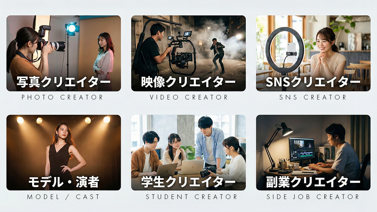 参加対象：写真・映像・SNSクリエイター、モデル・演者、学生、副業など